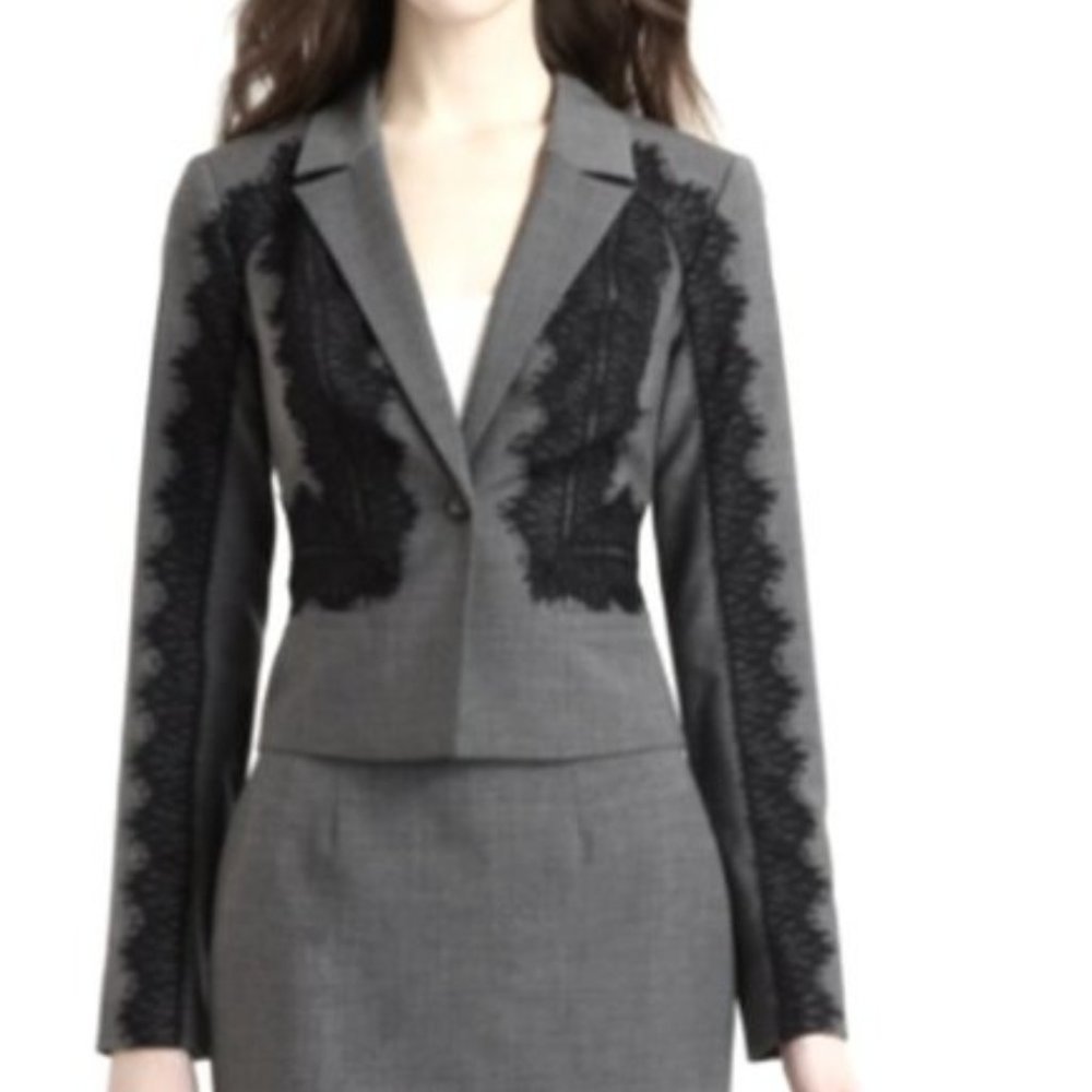 Rebecca Taylor Gray Blazer with Black Lace Trim skirt set